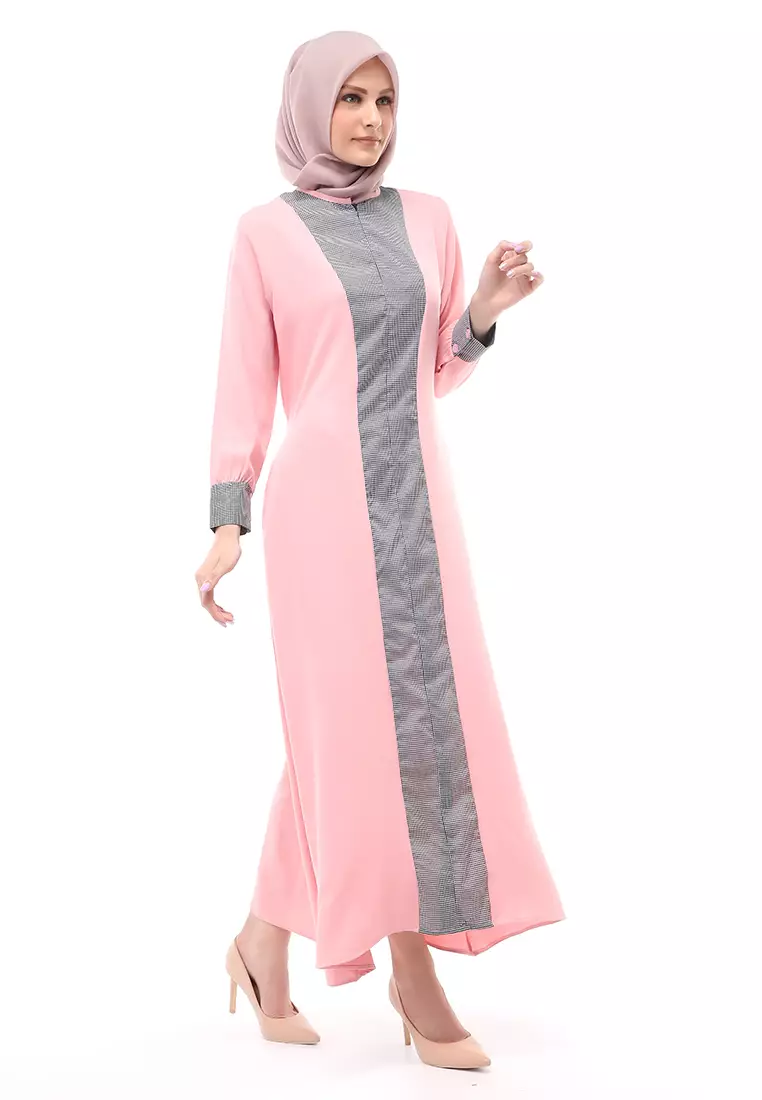Nadira Gamis Long Dress Wanita Motif Polos Regular Fit - Pink