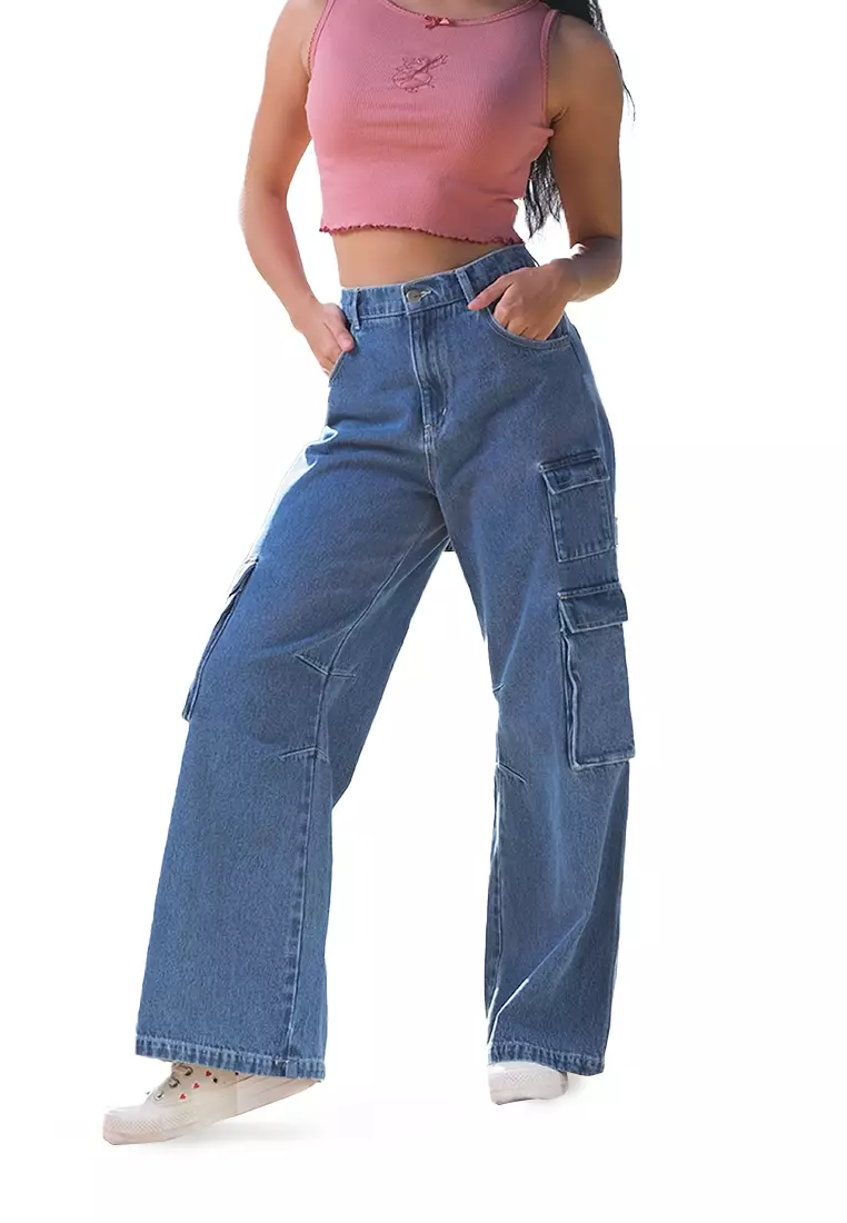 High Rise Wide Cargo Denim Jeans