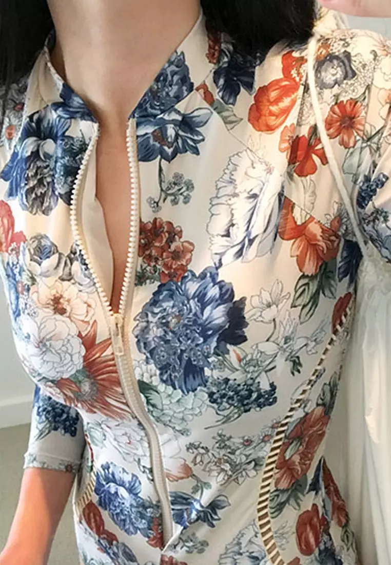 Floral Long Sleeves Zip-Up One-Piece Swimsuit CA060713