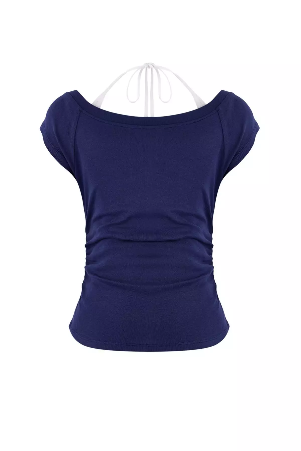 Navy Blue Body-Fitting Double Look V-Neck Short-Sleeved Cotton Rib Knitted Blouse Twoss26Bz11