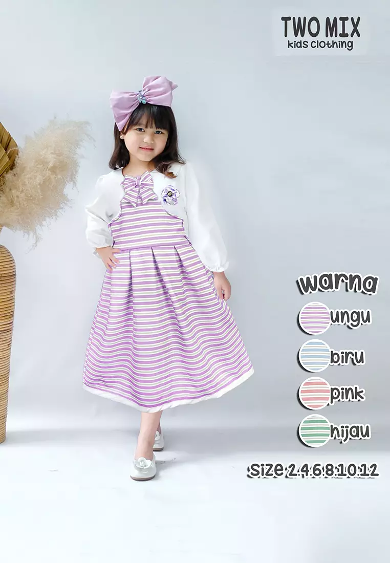 Two Mix Dress Anak Perempuan Lengan Panjang Usia 1-12 Tahun 4135 Green