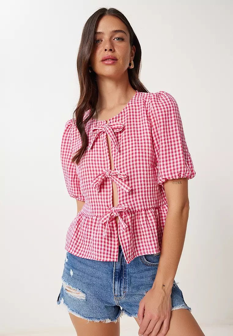 Women's Pink Checkered Binding Detailed Linen Blouse Tp00094