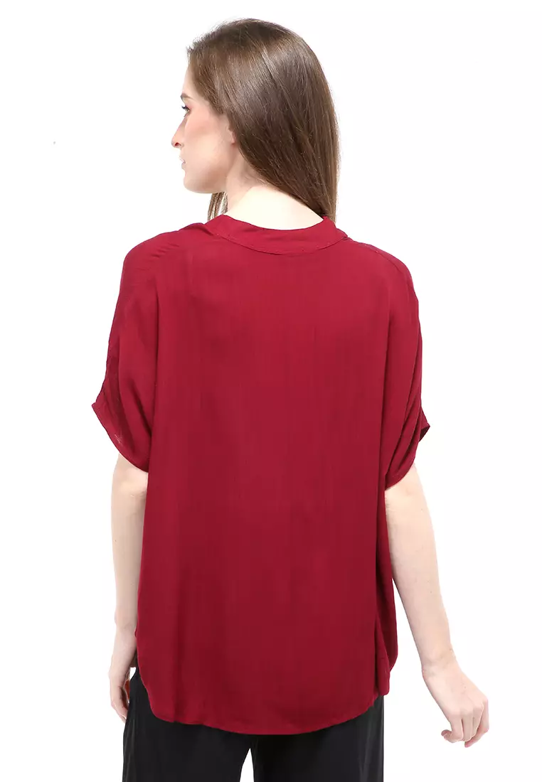 Nela Blouse Short Sleeves Wanita Motif Polos Atasan Casual - Maroon