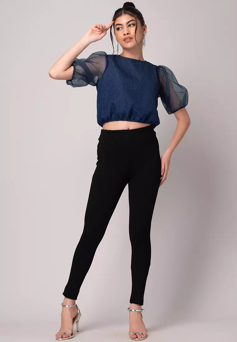 Buy FabAlley Blue Puff Sleeve Crop Top 2025 Online ZALORA