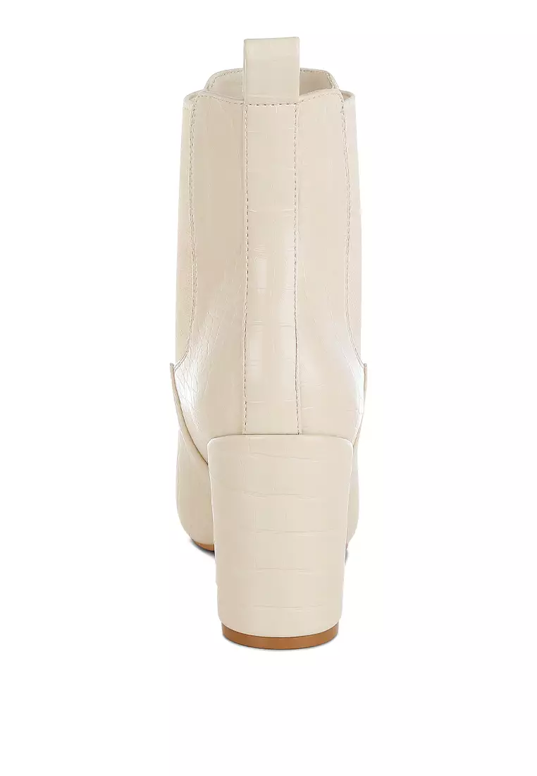 Faux Leather Block Heel Ankle Boots in Beige