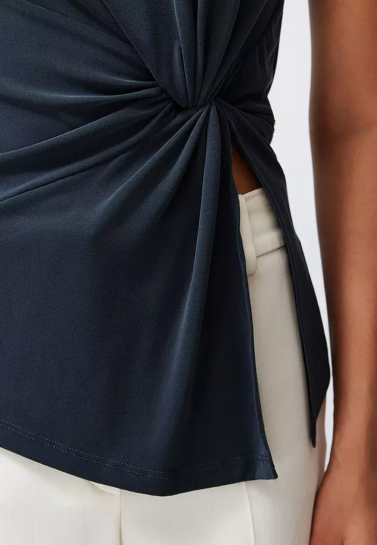 Anthracite High Collar Knitted Blouse With Ruffle And Slit Detail