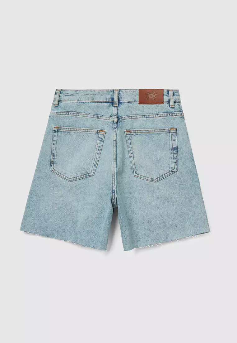 Short Fille En Denim Stretch United Colors Of Benetton - Taille élastique Réglable - Lavage Stone Washed