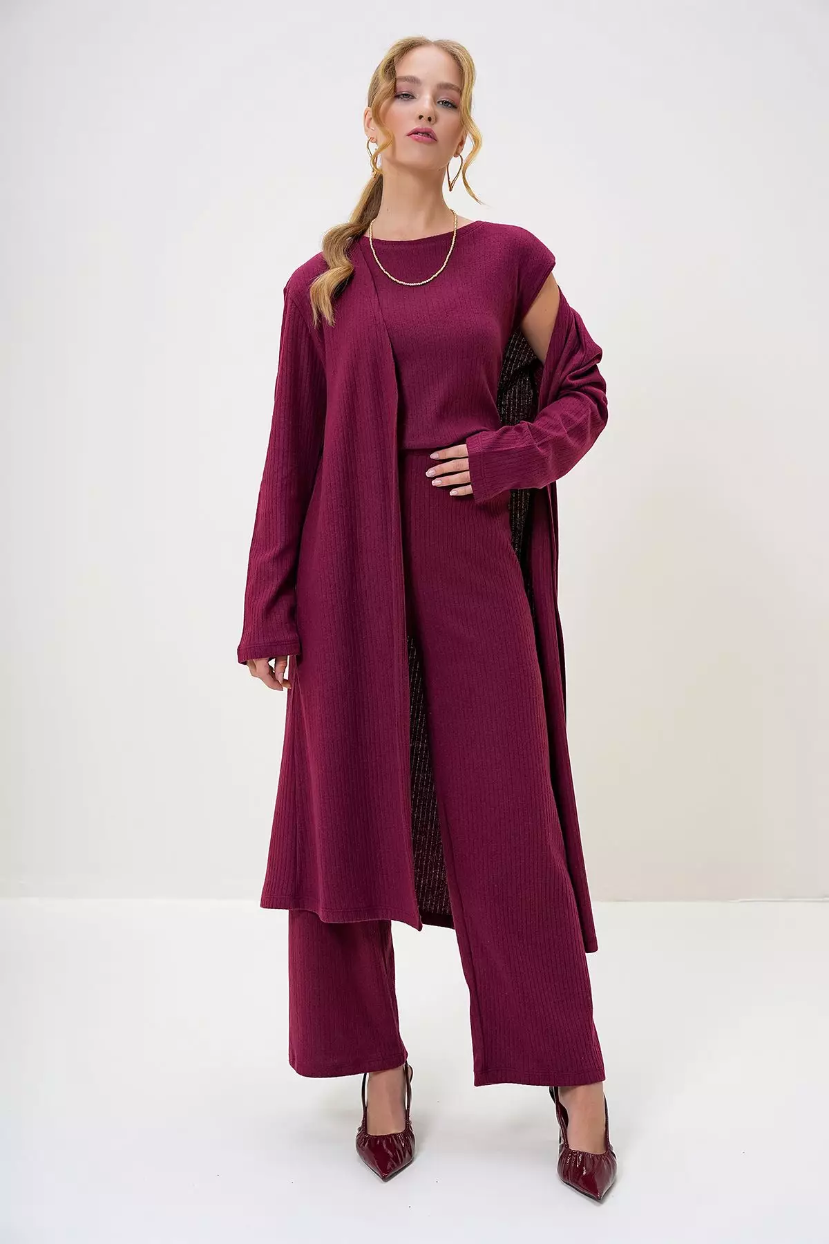 Women's Claret Red Shoulder Padded Crew Neck Blouse Trousers and Cardigan Set Suit