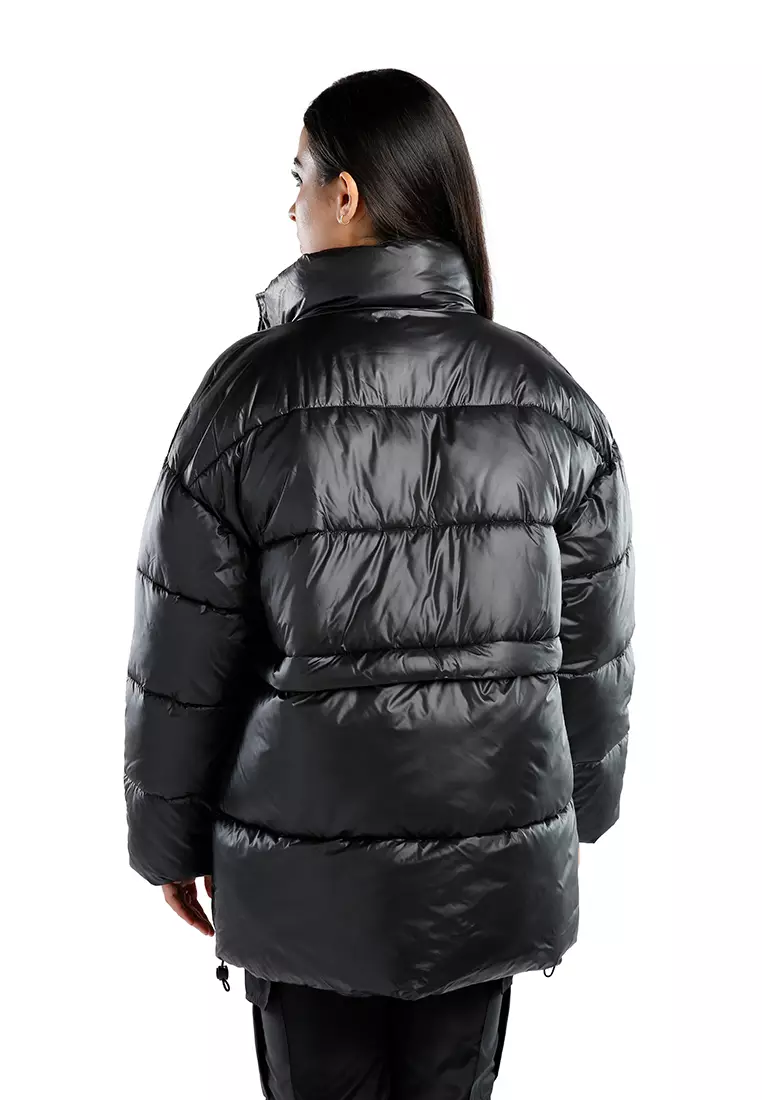 Jaket Puffer Turtleneck Dua Arah Hitam yang Dapat Dilepas