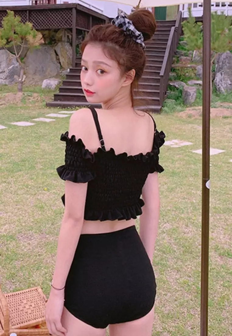 Age-Reducing Pleated Suspenders One-Shoulder Collar Split Swimsuit A22031710