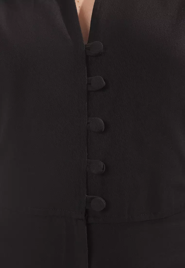 Black Ruffle and Button Detailed Long Woven Jumpsuit TWOSS22TU0253