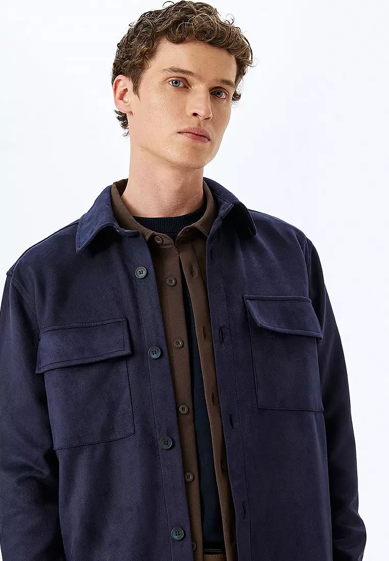Long Sleeve Flap Pocket Detailed Buttoned Faux Suede Shirt Jacket
