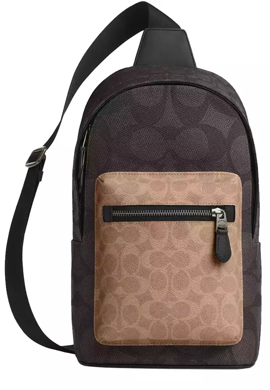 West Pack Bag In Blocked Signature Canvas in Walnut/ Tan CAB60