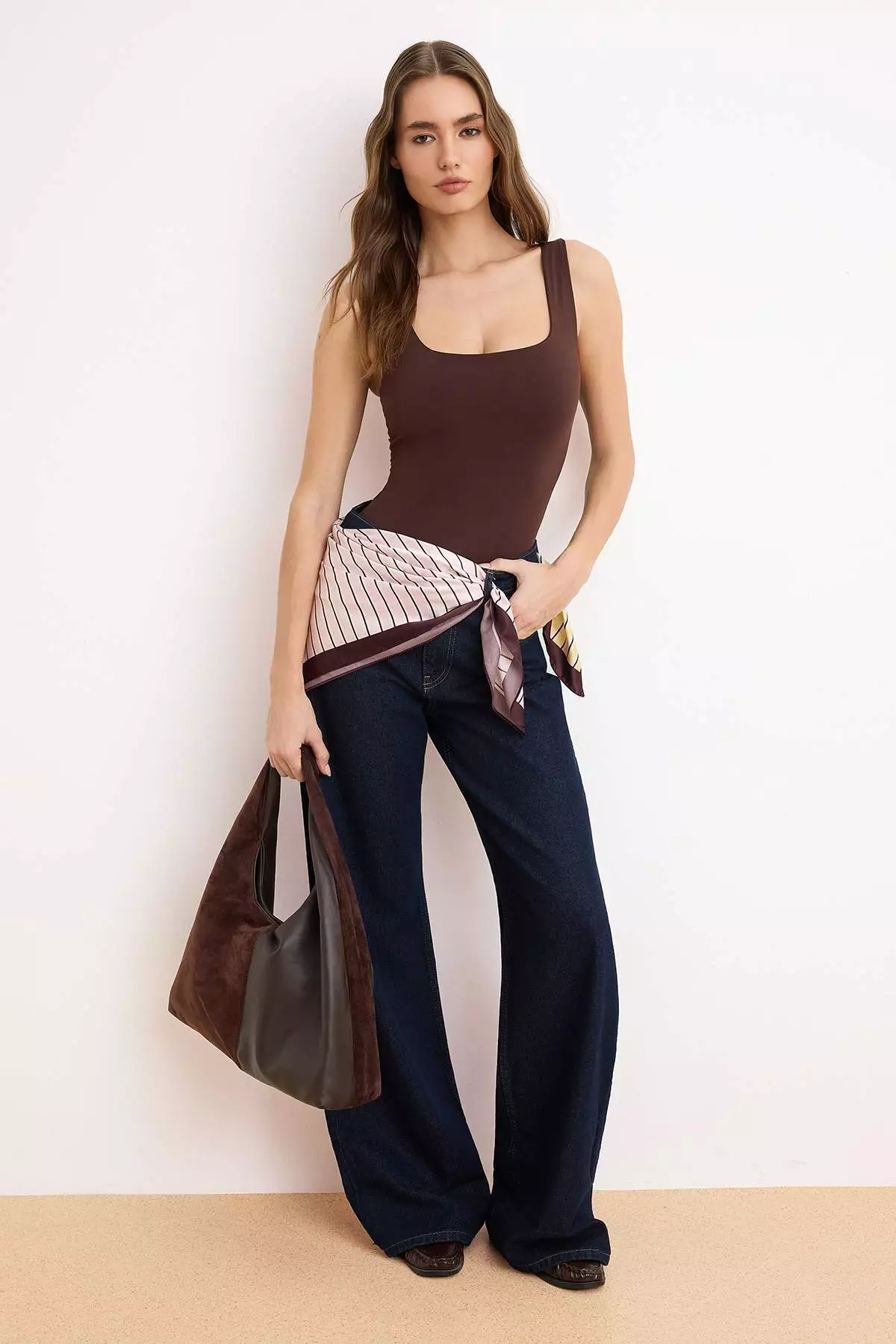 Dark Brown Fitted/Bodycon Back Detail Square Neck Snap Fastener Stretchy Knitted Bodysuit Twoss24Bd26