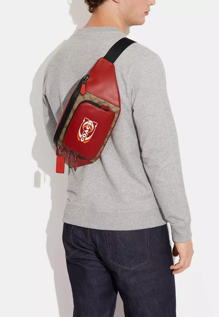 Coach Track Belt Bag In Colorblock Signature Canvas With Coach Stamp Red Khaki Multi