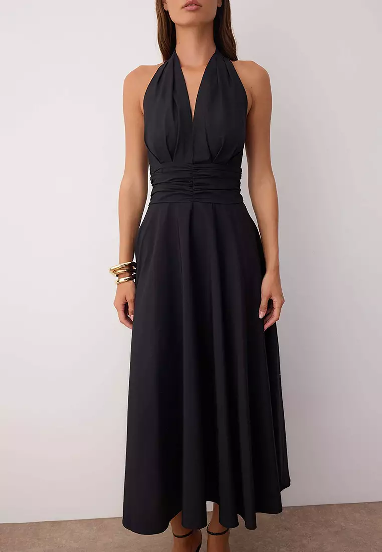 Black Low-Cut Halter Neck Poplin Lined Woven Dress
