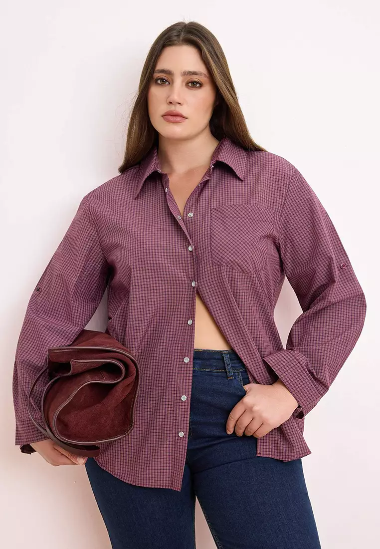 Burgundy-Multicolor Plaid / Checked Wide Cuff Sleeve Foldable Oversized Shirt Tbbss26Ax00011