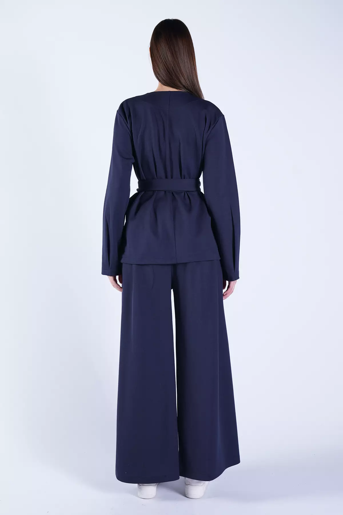 Women'S Navy Blue Self-Tie Belted Long Jacket And Double Pocket Trousers Set Alc-X15042