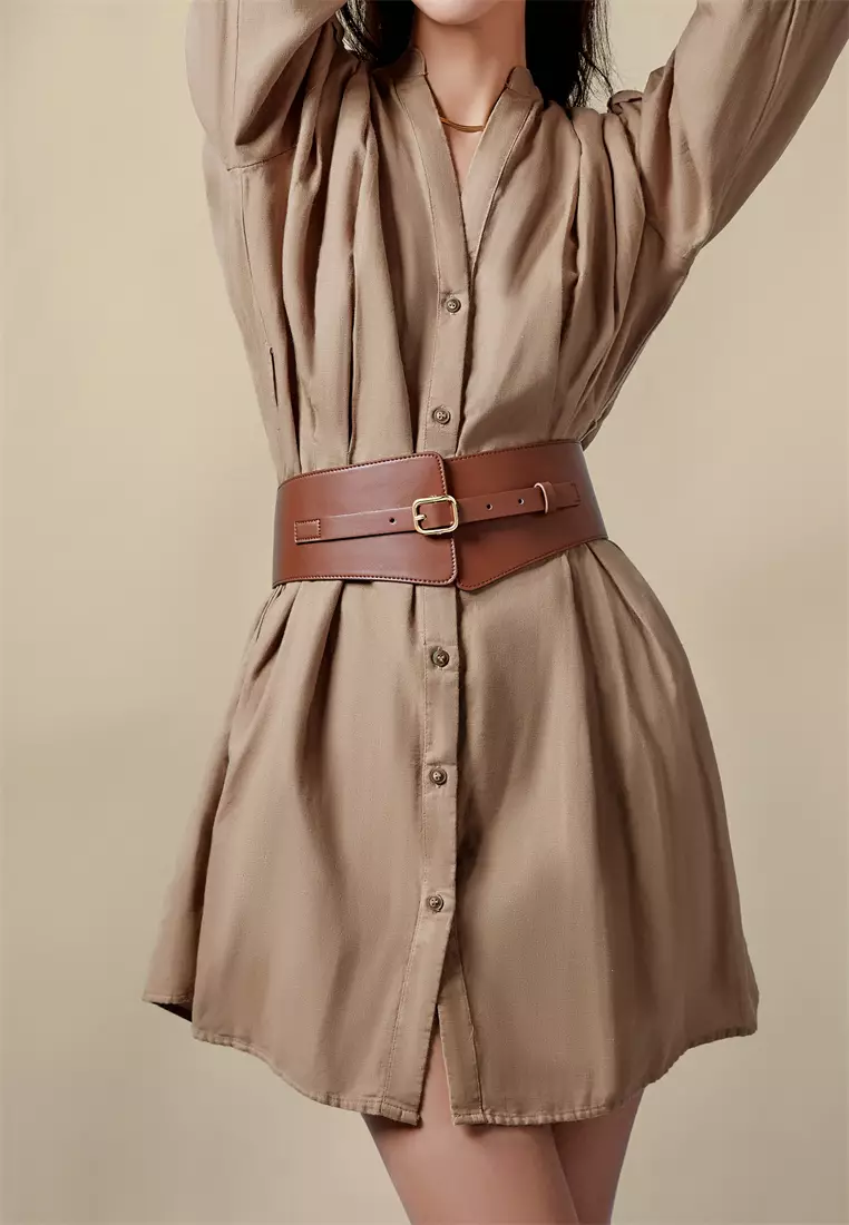 Noa 女士宽版弹性腰带 可调节 带针扣 - 棕色