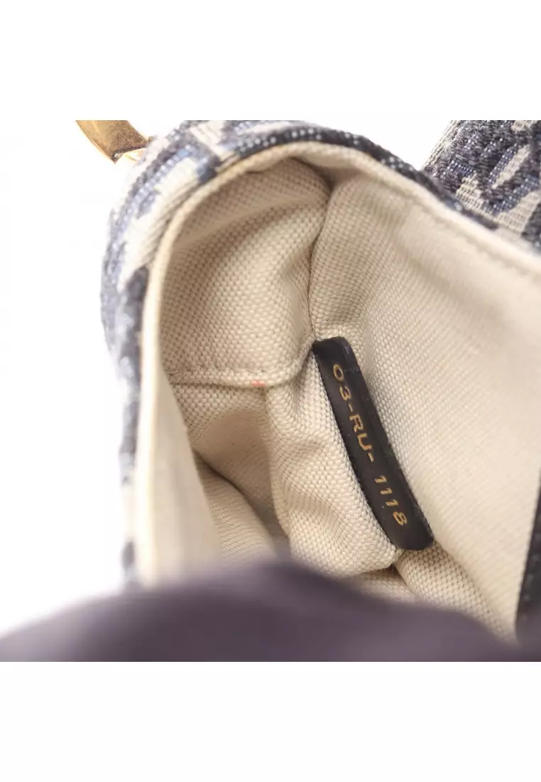 Pre-Loved Christian Dior saddle bag mini oblique jacquard Handbag canvas leather ivory Navy