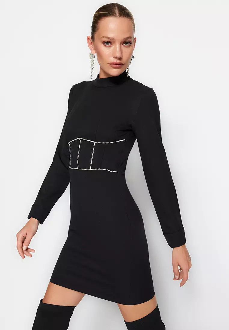 Bebe mock neck strappy crepe outlet dress