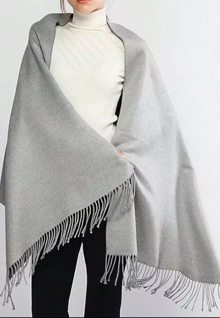 Double Side Plain Cashmere Virgin wool Pashmina Syal Wanita Dua Sisi Mineral Grey