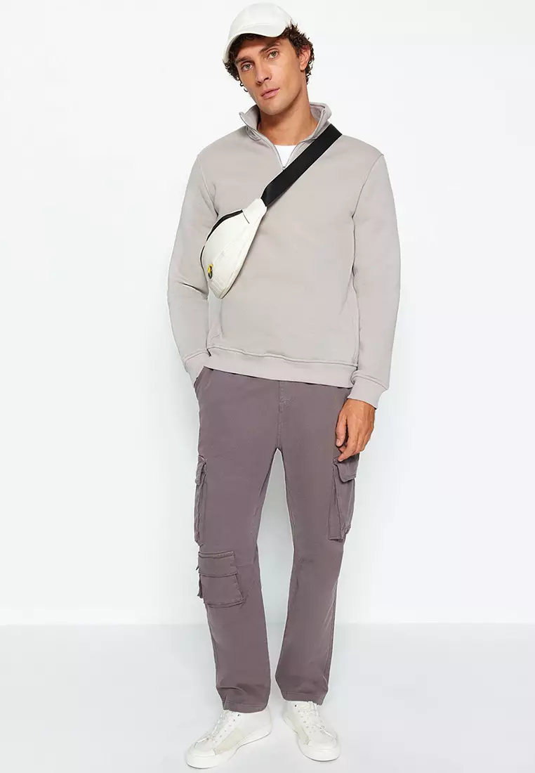 Grey Regular/Normal Cut Stand Collar Zippered Cotton Basic Inside Polar Fleece Sweatshirt TMNAW24SW00041