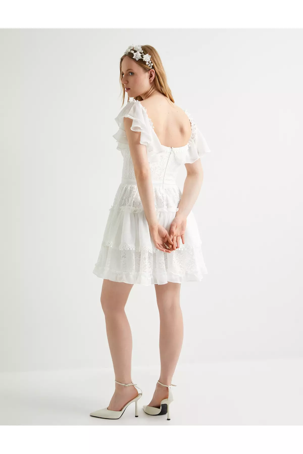 迷你蕾絲連身裙 婚禮 短款 網紗 袖子 桃心領 有內襯