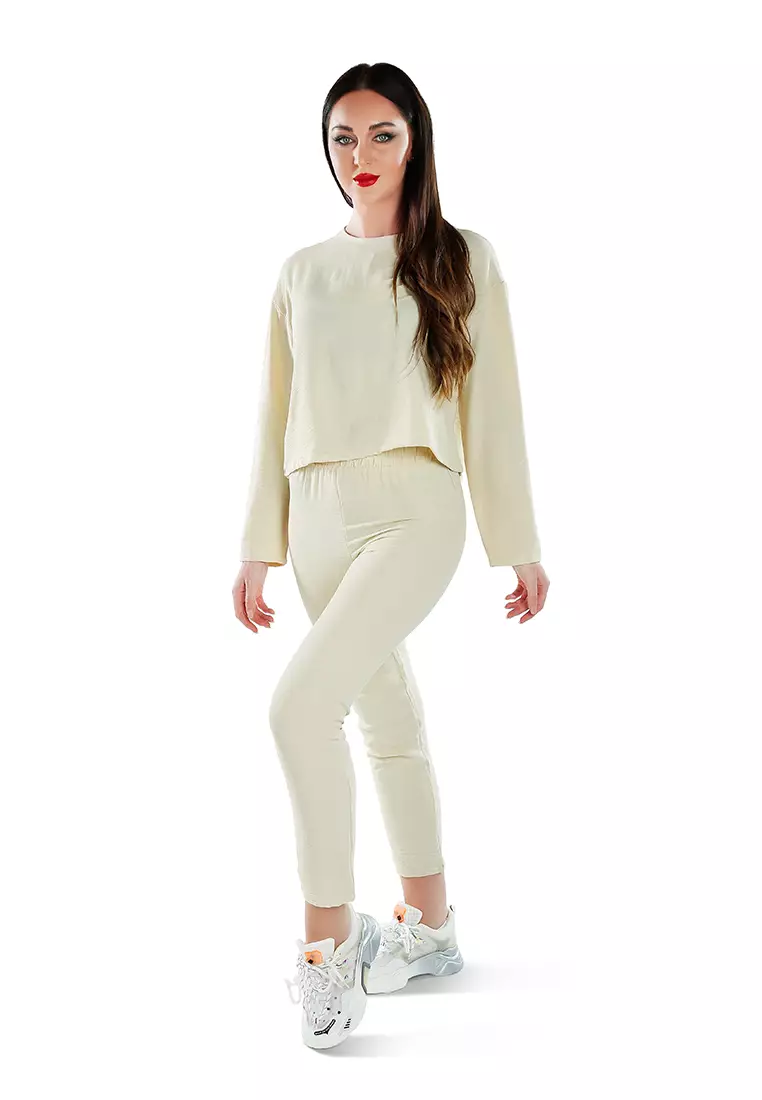 Cream Full Sleeves Top & Fitted Full Pants Coord Set