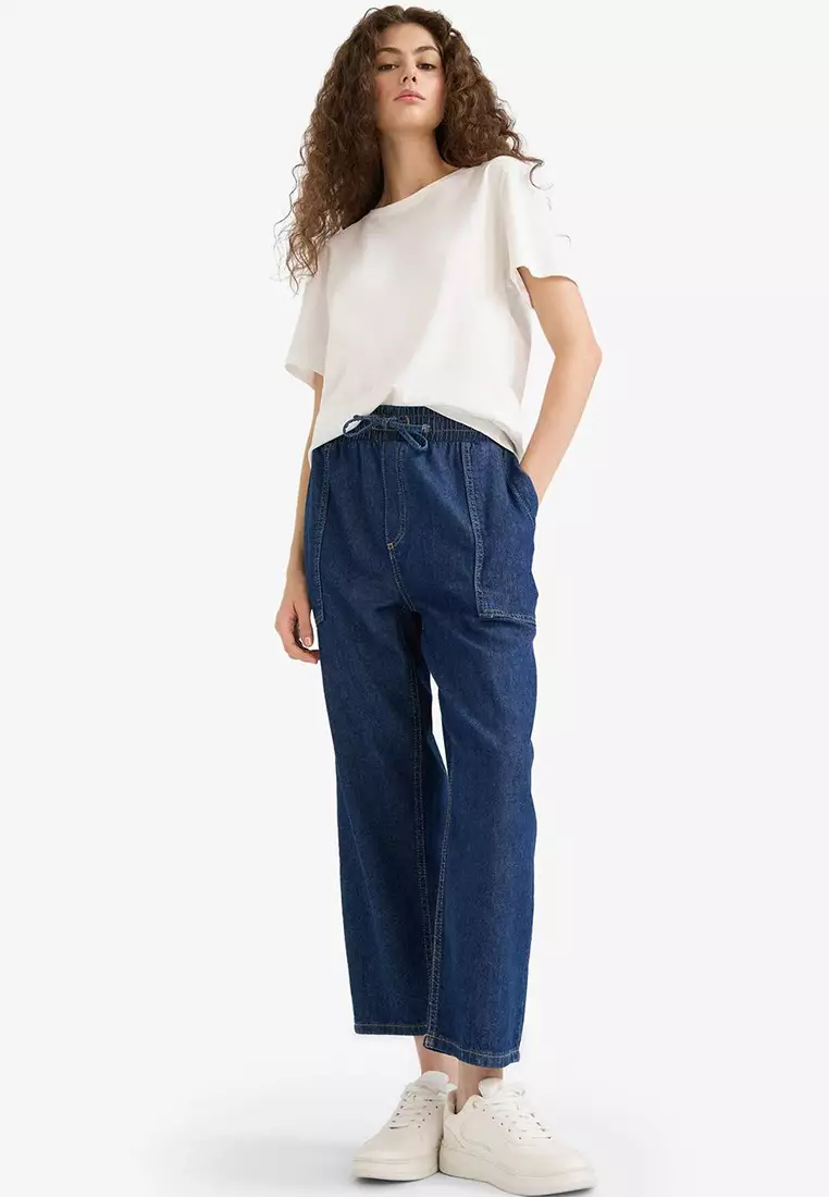 Pull on Carrot Fit High Waist Crop Fit Soft Jean Pants E0956Ax25Sm