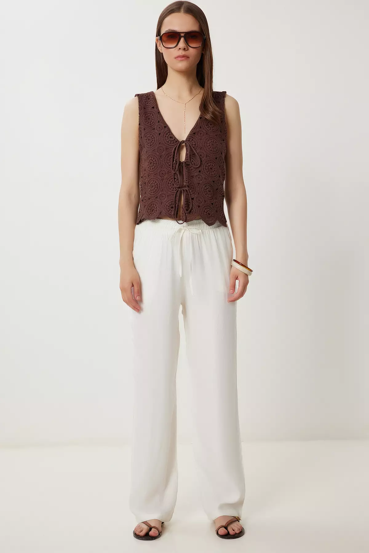 Women's Ecru Patterned Summer Viscose Trousers Wf00110