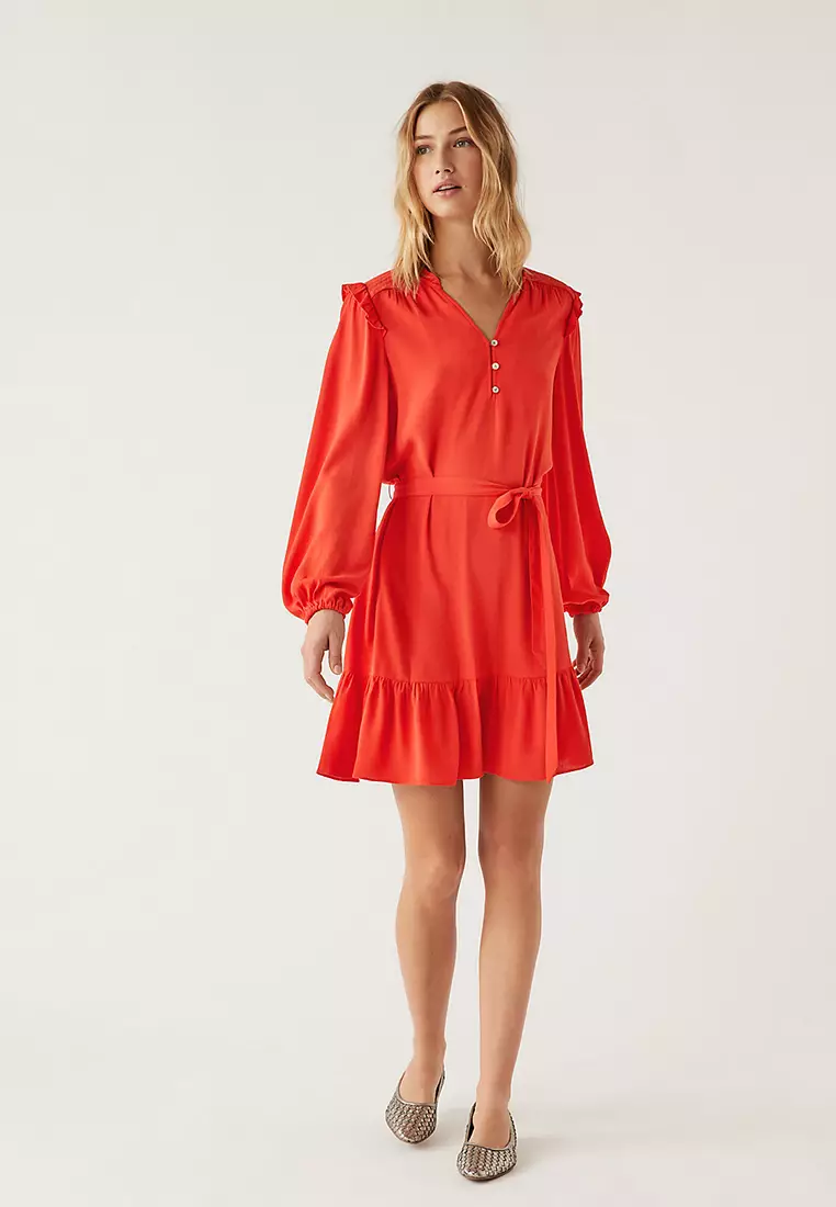 V-Neck Belted Mini Tiered Dress