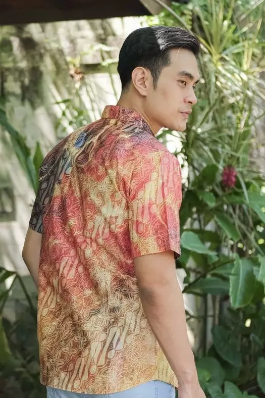 Asoka Orange Kemeja Pria  Pendek Slim Digital Print
