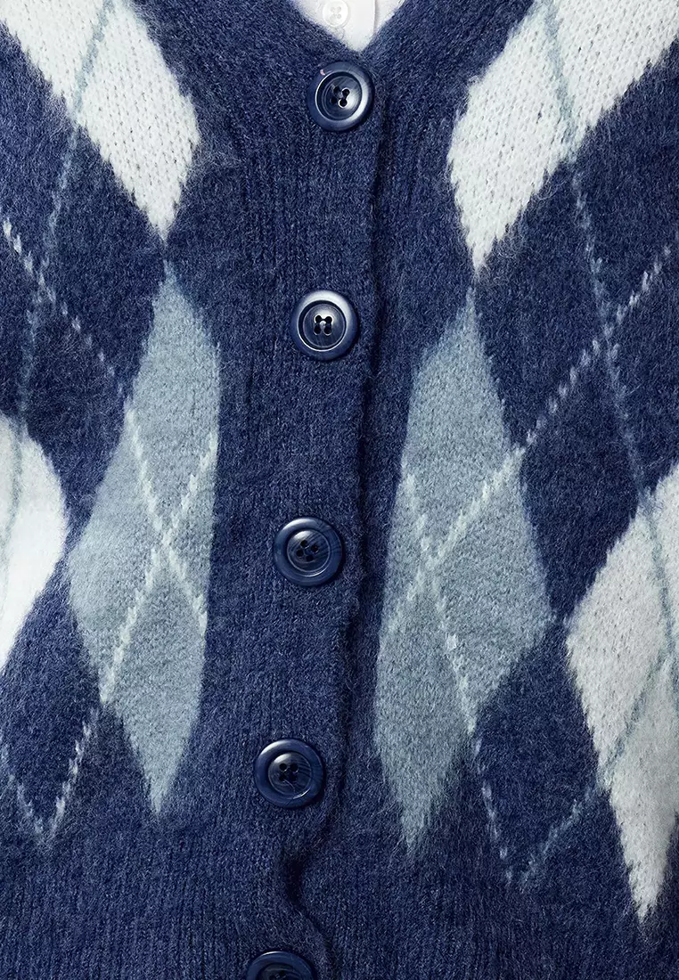 Dark Blue Soft Texture Plaid Patterned Knitwear Cardigan Twoaw25Hi00276