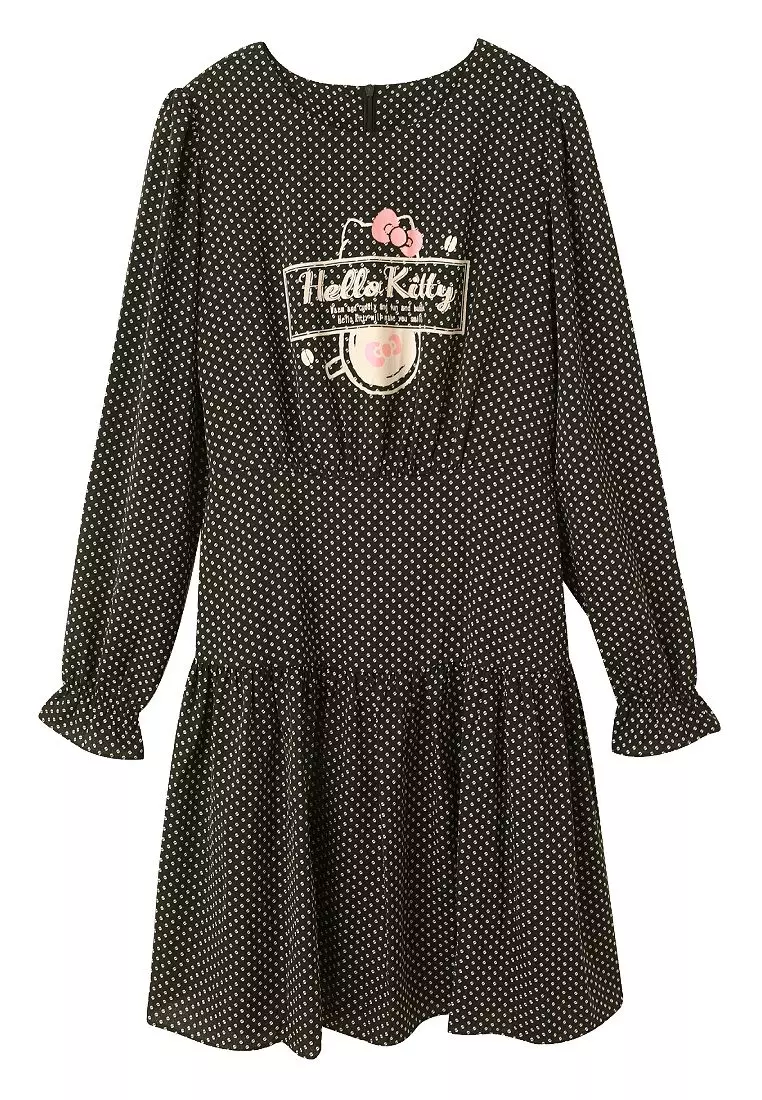 KITTY拿鐵咖啡系列．咖啡豆圓點印花後綁帶雪紡洋裝《KB1404》