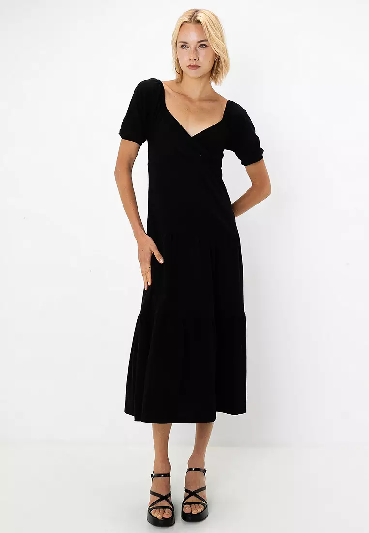 Petite Short Sleeves Wrap Tiered Midi Dress