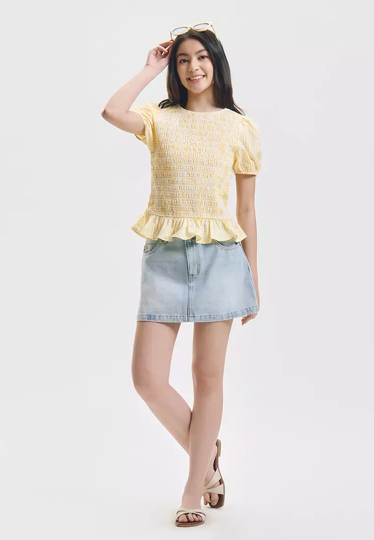 Short Sleeve Smocking Gingham Print Top