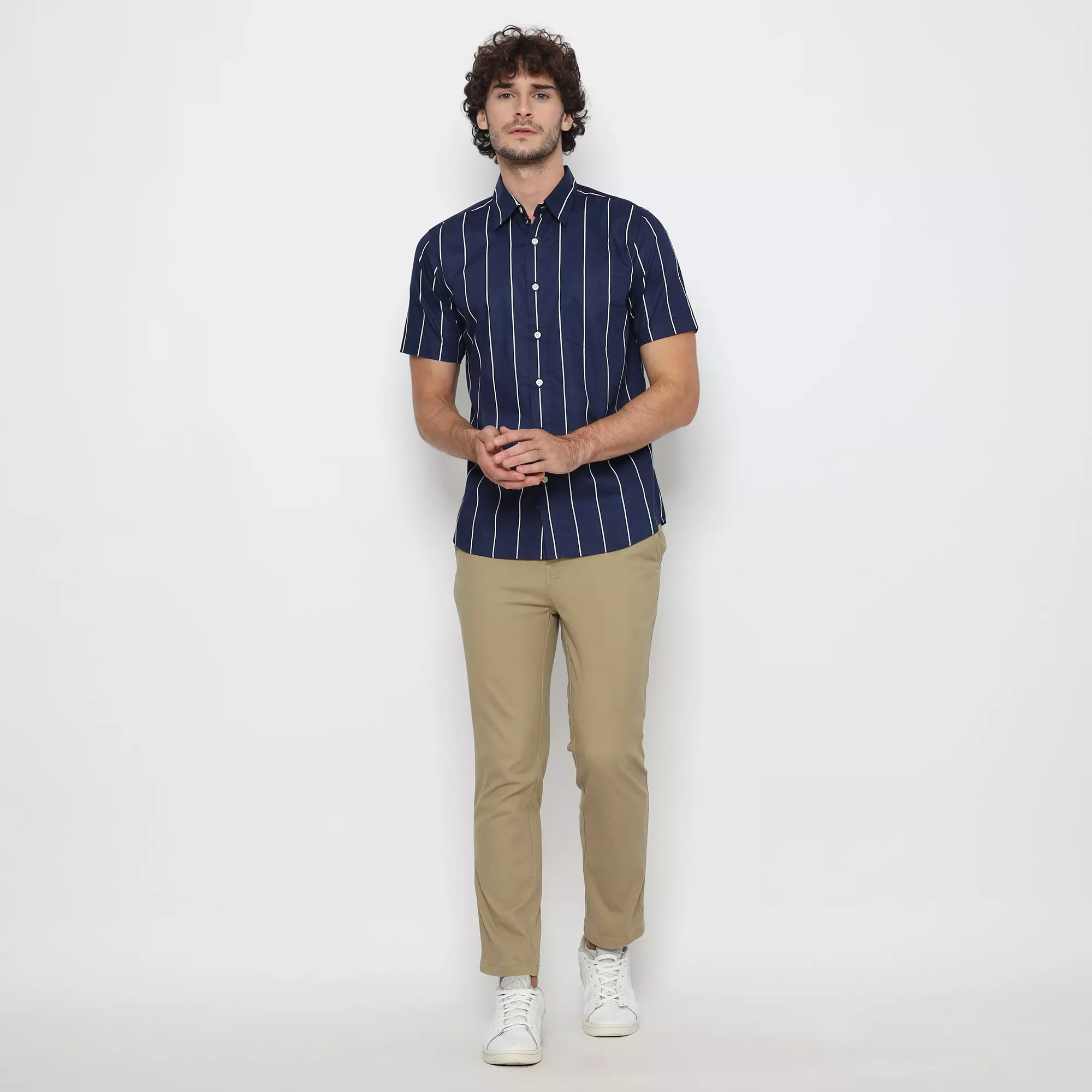 Platini Kemeja Motif Salur Pria Lengan Pendek Katun Navy 73424