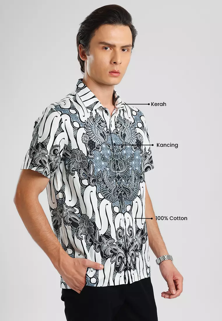 MANZONE - Kemeja Batik Lengan Pendek Pria Darajati 05 Modern Fit - White Warna White