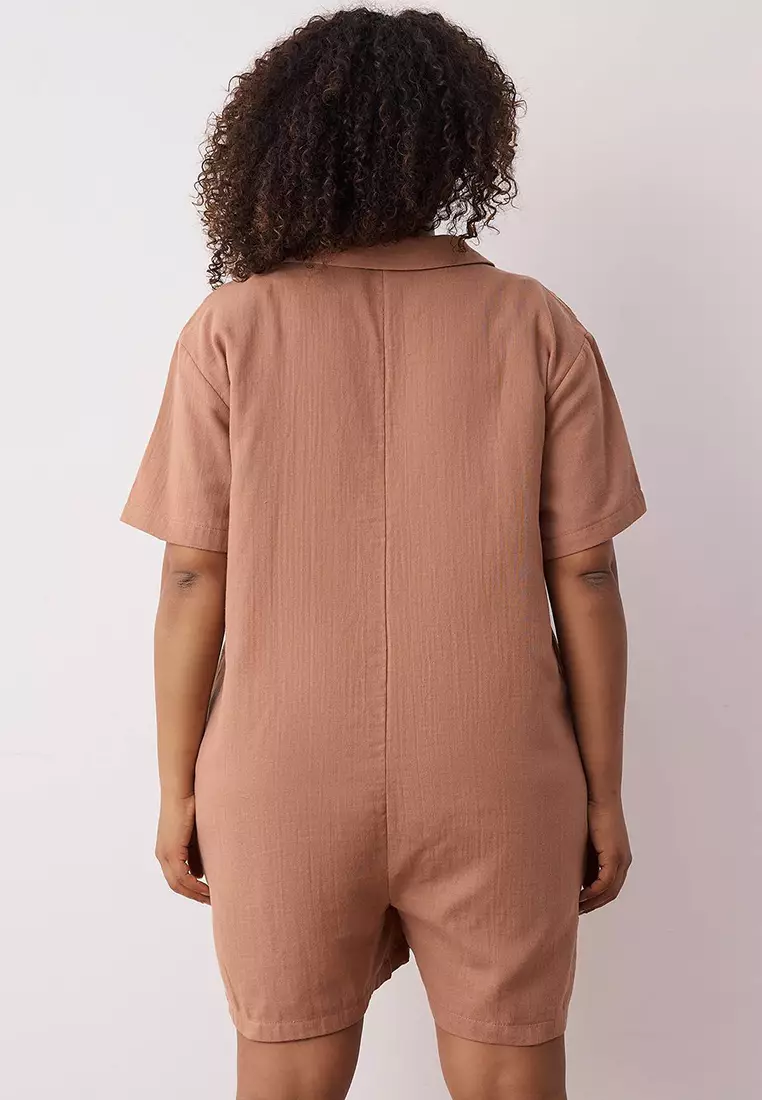 Brown Regular Fit Muslin Woven Fabric 100% Cotton Beach Wear Plus Size Jumpsuit Tbbss25Bg00000