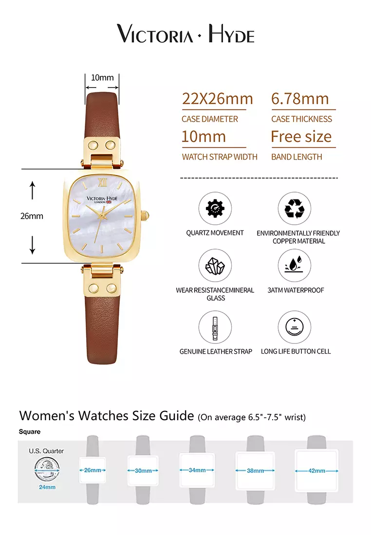 Vivian 22×26mm女士手表 皮革表帶 長方形天然貝母表盤 優雅經典-棕色