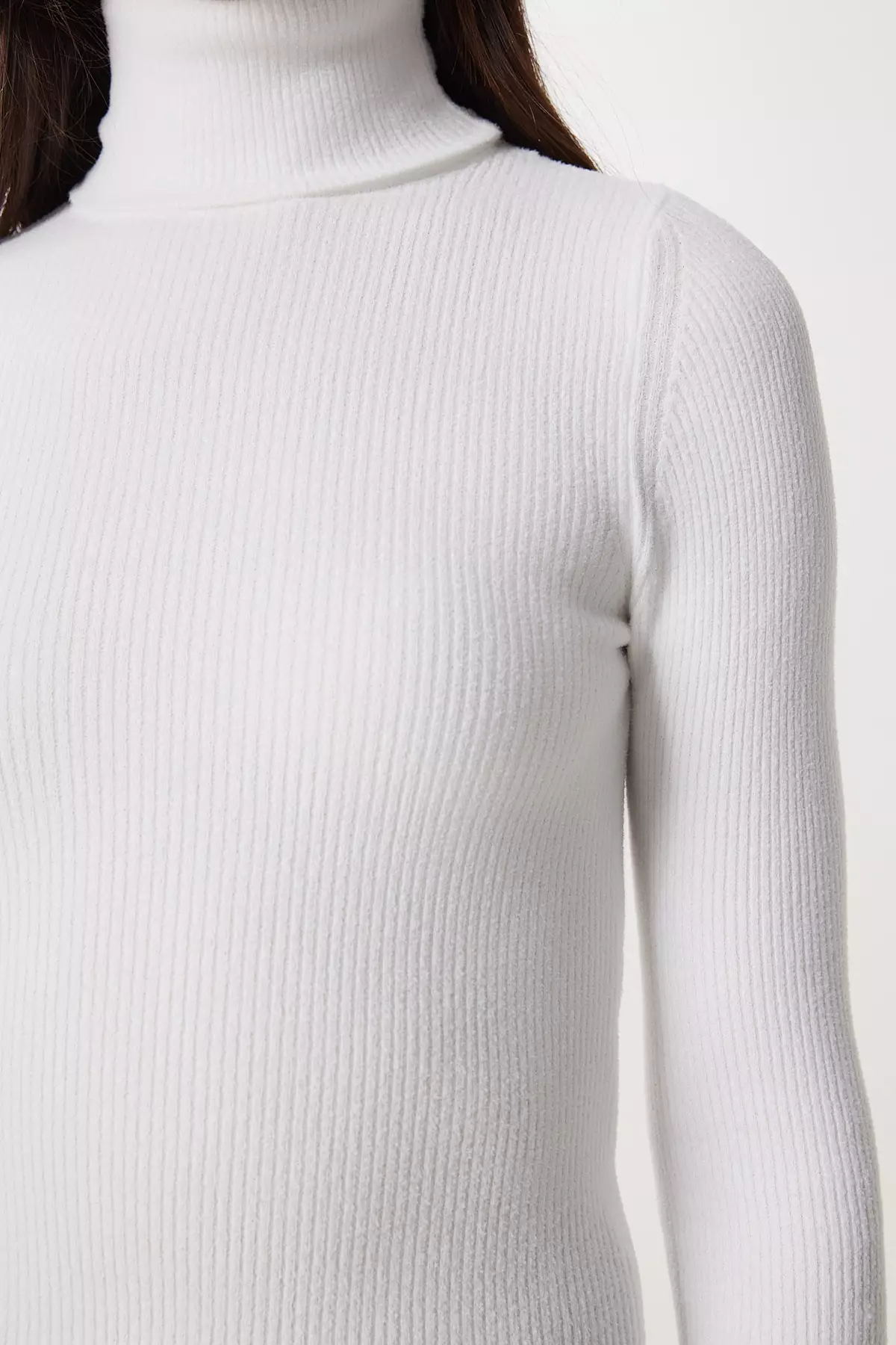 Women's White Turtleneck Stretchy Ribbed Sweater Ns00460