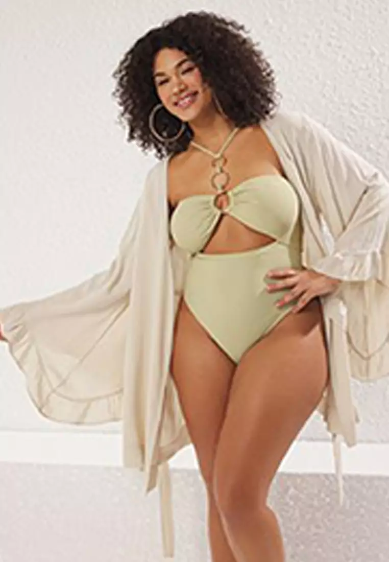 Ecru Sleeve Frilled Flounce Viscose Beachwear Woven Plus Size Kimono&Caftan TBBSS23DE00001
