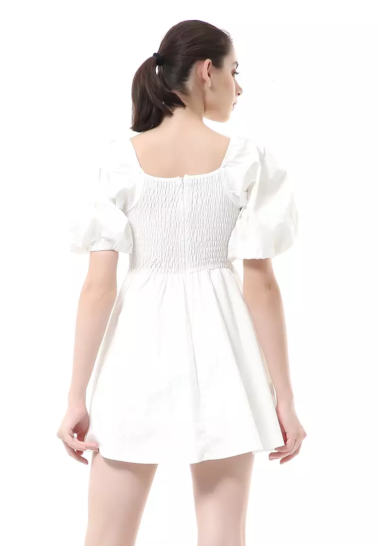 Rachel Dress Wanita Ballerina Pluffy Baloon Sleeve Simple Elegant Material Cotton ORIGINAL - Broken White