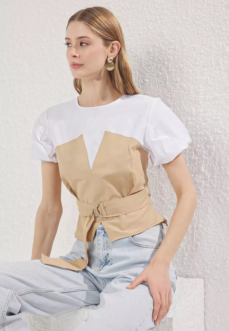 Beige Short Balloon Sleeve Belt Woven Woven Blouse Twoss25Bz00502