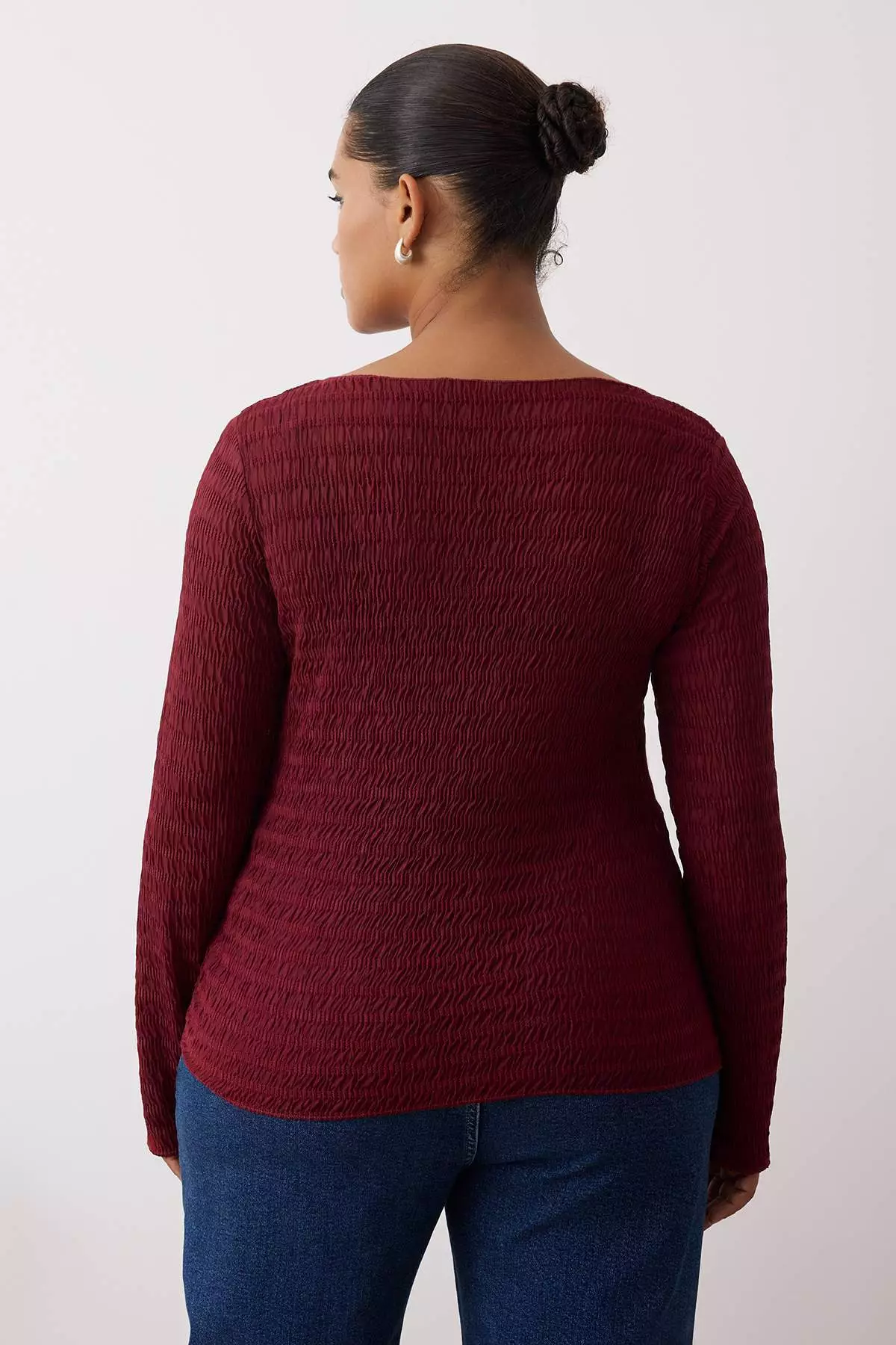 Burgundy Fitted/Body Fitted Textured Tulle Stretchy Knitted Plus Size Blouse Tbbaw26Af00030