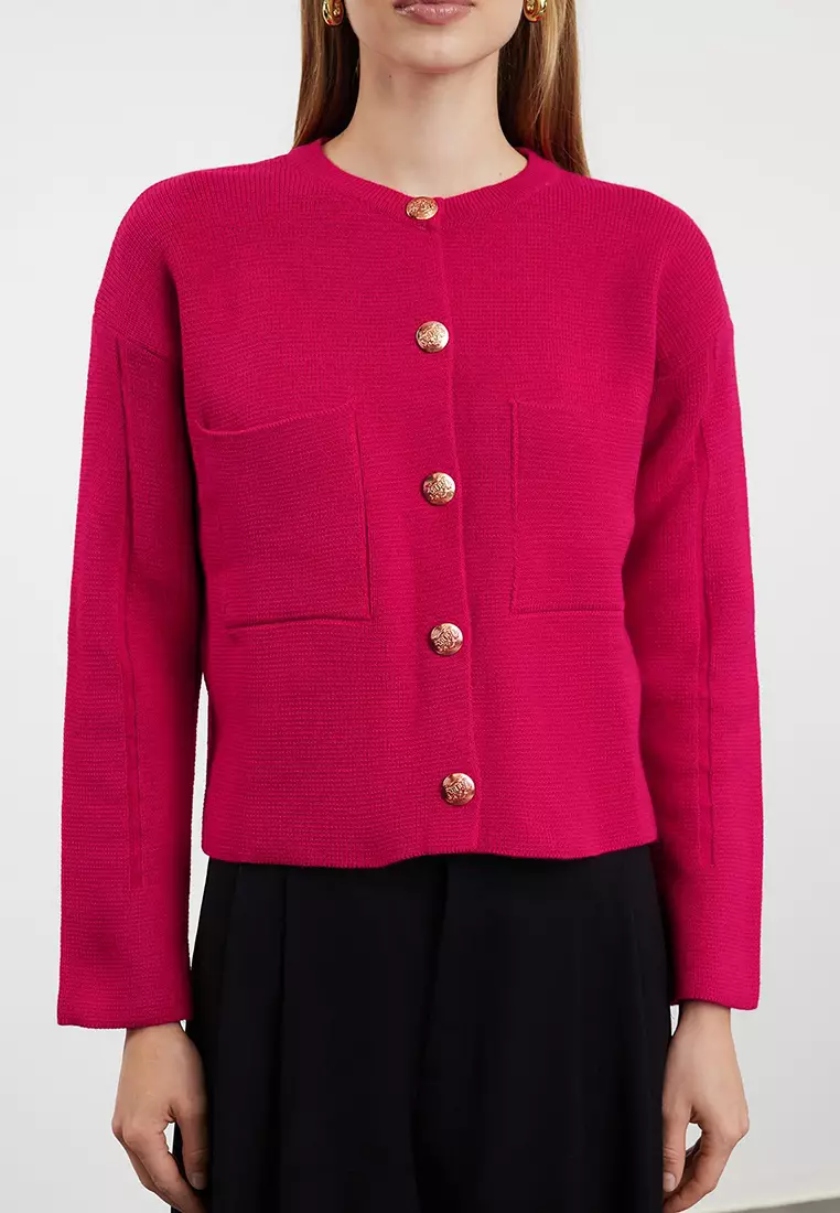 Fuchsia Button Detailed Jacket-Look Knitwear Cardigan Twoaw24Hi00023