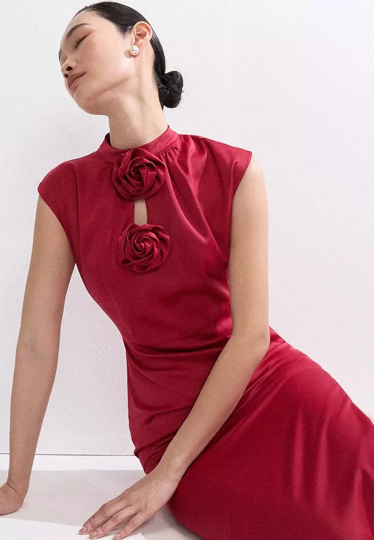 Rose Accent Maxi Dress - Red