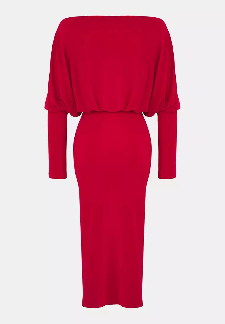 Red Plain Asymmetrical Single Sleeve Waist-Fitting Flexible Midi Knit Dress Twoaw25El00110