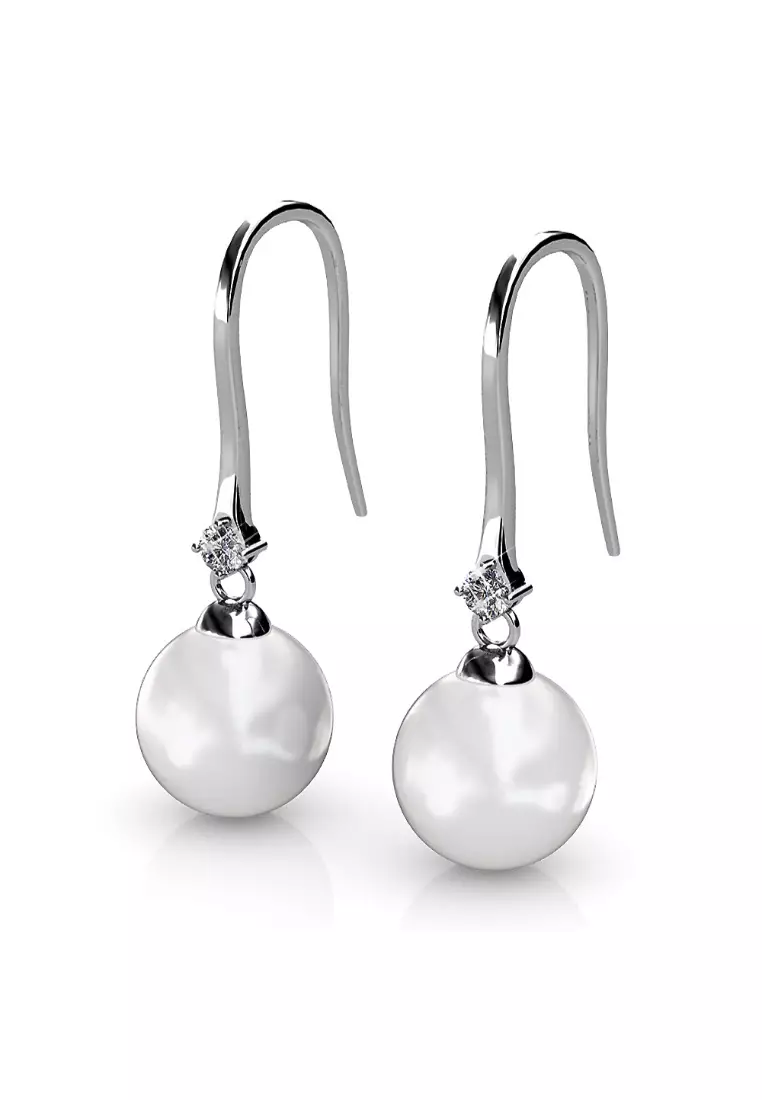 Magnificent Pearl Hook Earrings Embellished with SWAROVSKI® crystals - White Gold/Clear